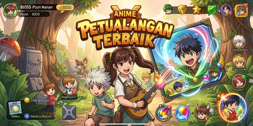 Screenshot gameplay menyerupai dunia anime yang penuh warna dan karakter keren.