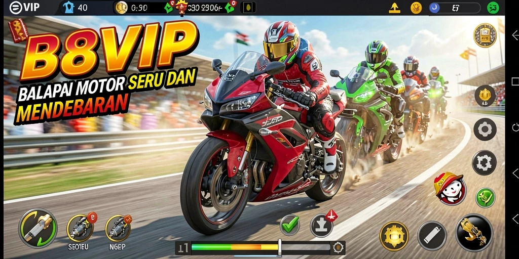 Gameplay seru B8VIP dengan balapan motor yang mendebarkan.