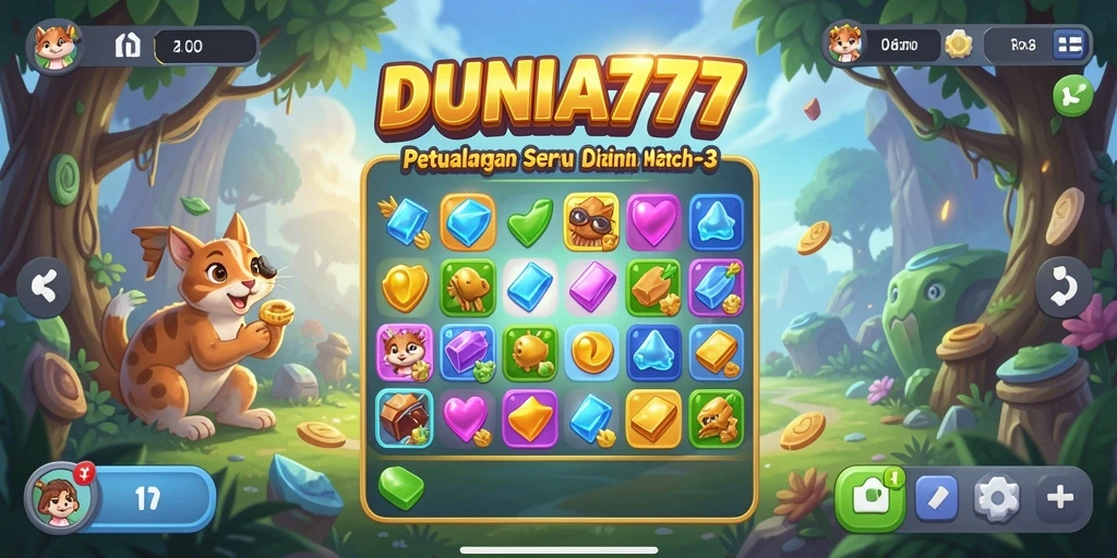 Screenshot DUNIA777 menunjukkan keseruan gameplay Match-3 yang penuh warna.