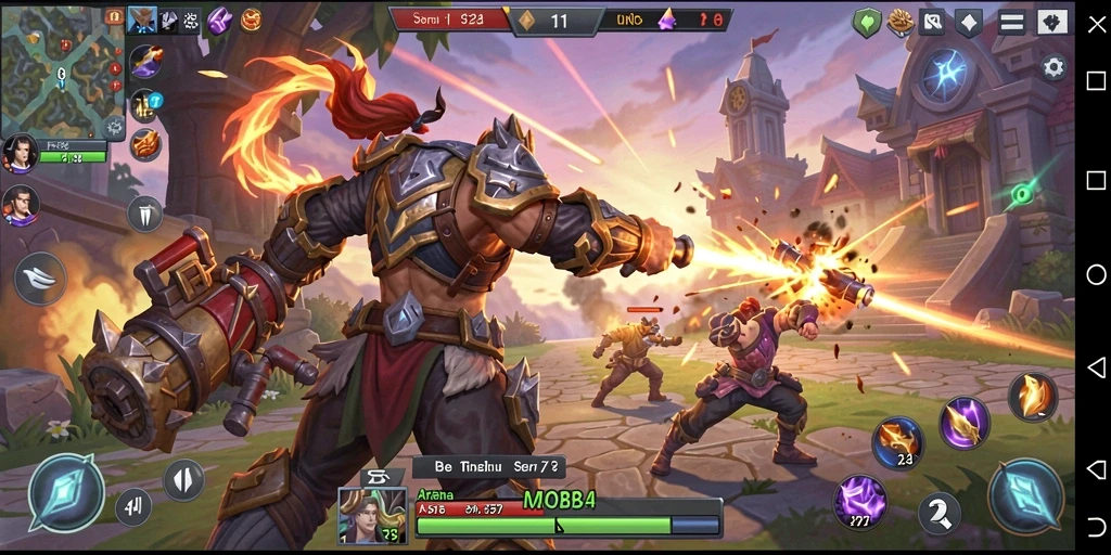 Screenshot F08 menampilkan karakter beraksi dalam pertempuran intens di arena MOBA.