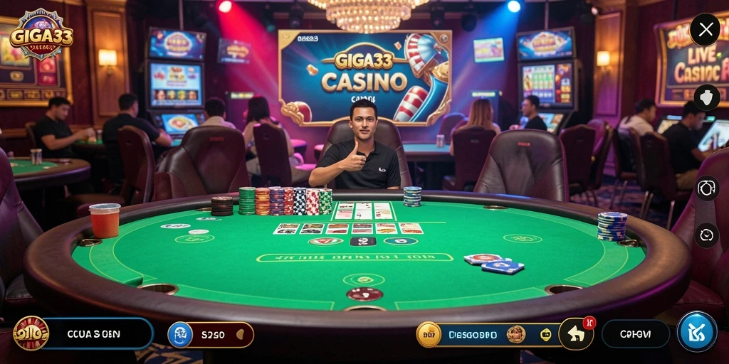Screenshot GIGA33 menunjukkan dealer langsung yang ramah dalam permainan Live Casino.