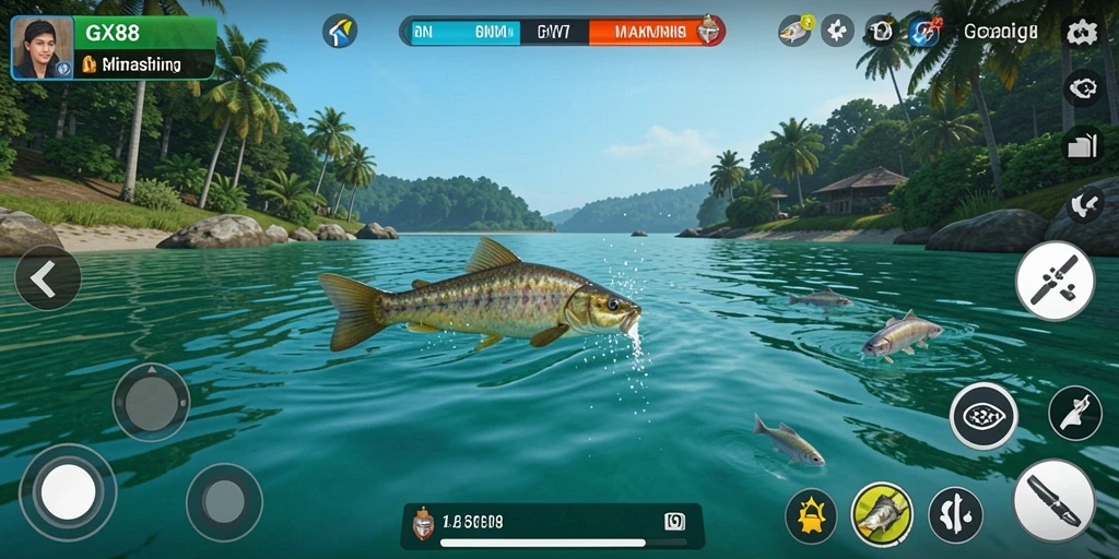 Screenshot gameplay GX88 yang menunjukkan aksi memancing yang seru.