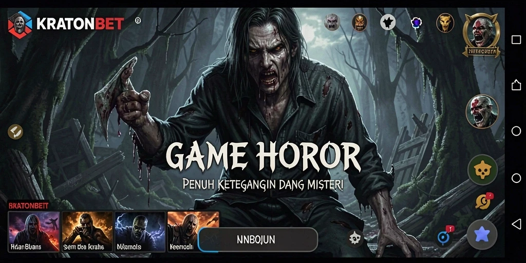Screenshot gameplay KRATONBET menampilkan suasana menakutkan dan karakter menyeramkan.