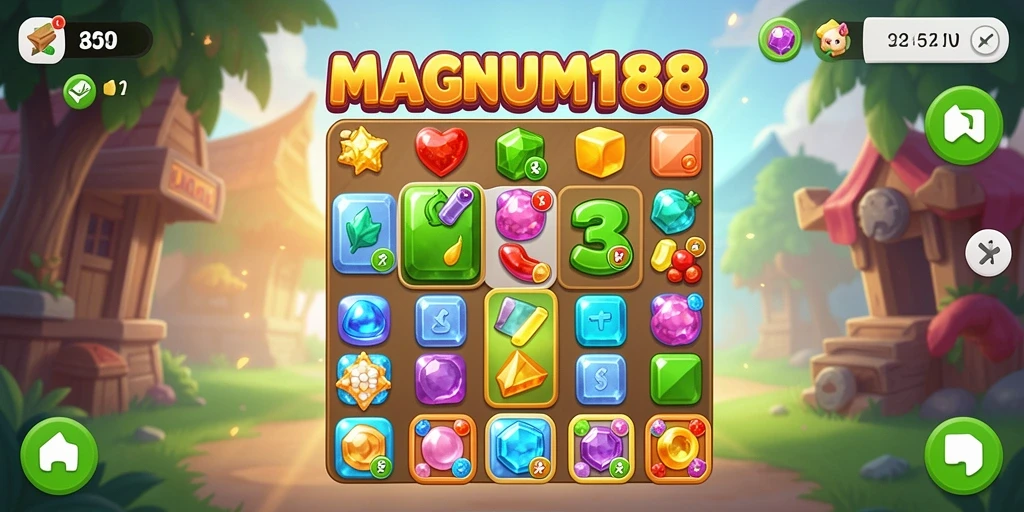 Tampilan gameplay Match-3 yang menarik dan penuh warna.