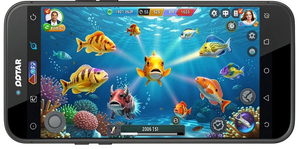 Tampilan gameplay seru dalam QQSTAR dengan ikan yang berwarna-warni.