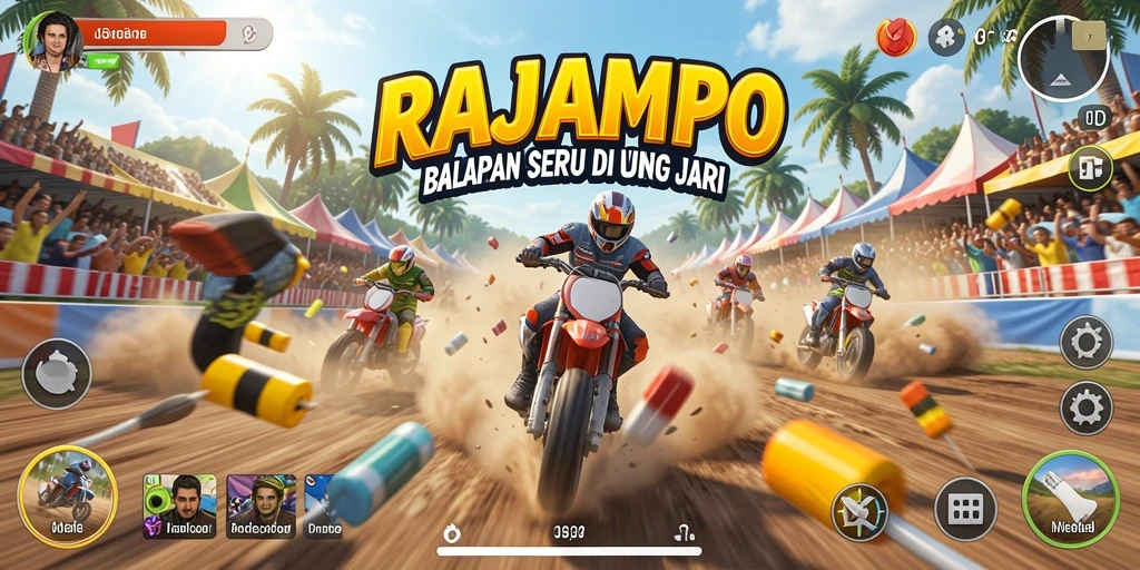 Tampilan gameplay RAJAMPO dengan aksi balapan seru.