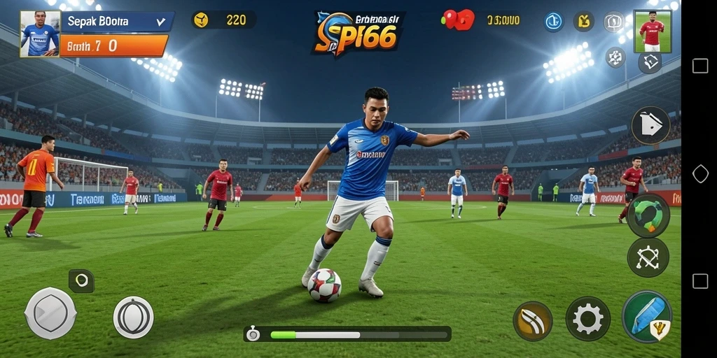 Screenshot gameplay SP666 menampilkan aksi seru di lapangan sepak bola.