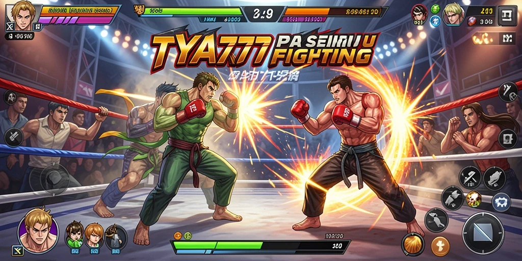 Gambaran gameplay TYA777 dengan pertarungan epik dan karakter yang kuat.